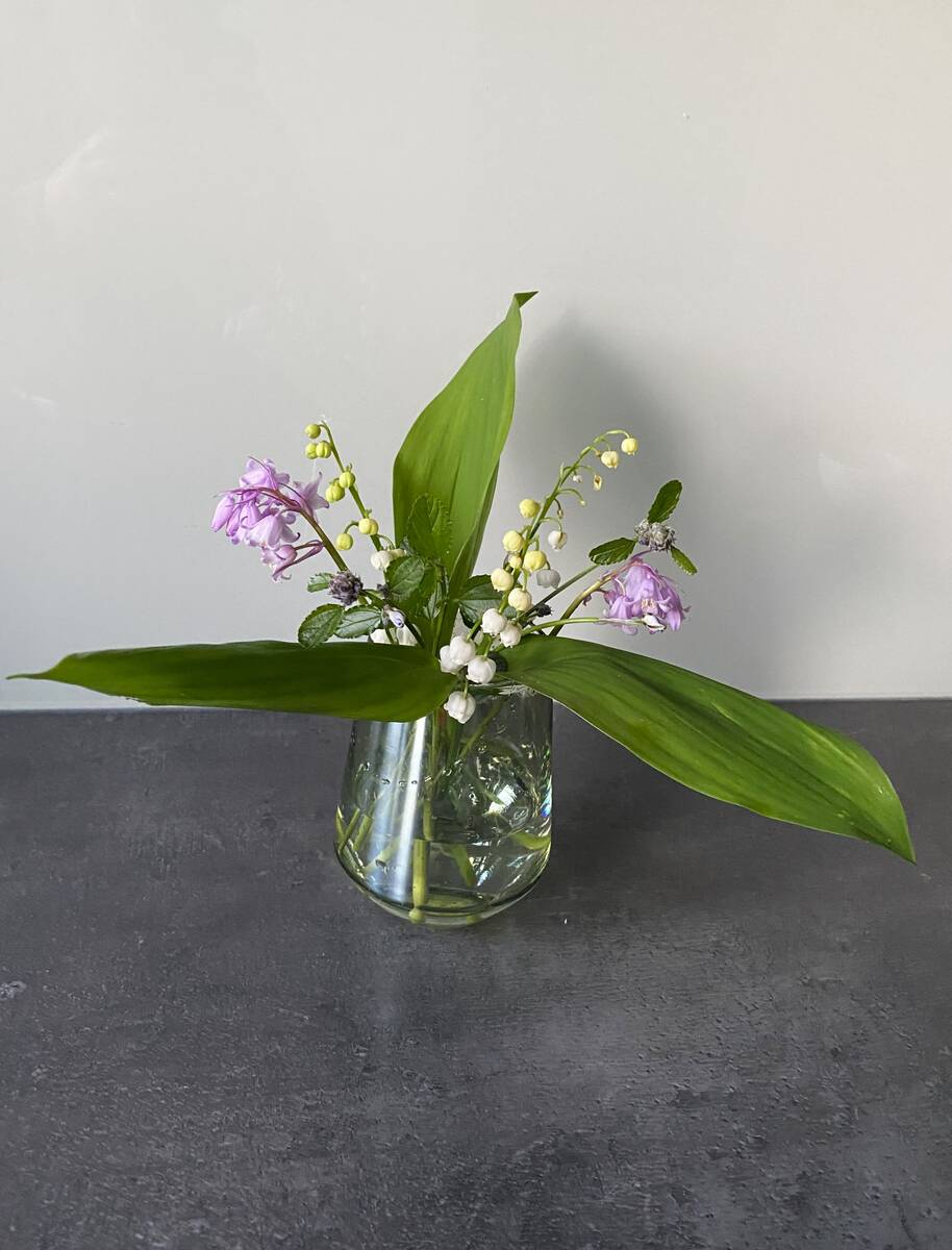 Lelietje van dalen (Convallaria majalis) met boshyacint (Hyacinthoides) en Amerikaanse sering (Ceanothus) in vaas.